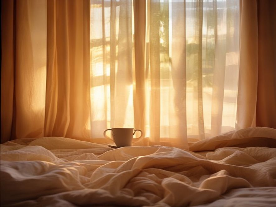 Fredlig morgonscen med soluppgång genom fönster, kaffe och anteckningsbok