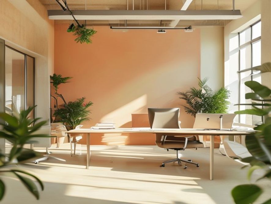Modernt kontor med naturligt ljus, gröna växter, och ergonomisk möblering